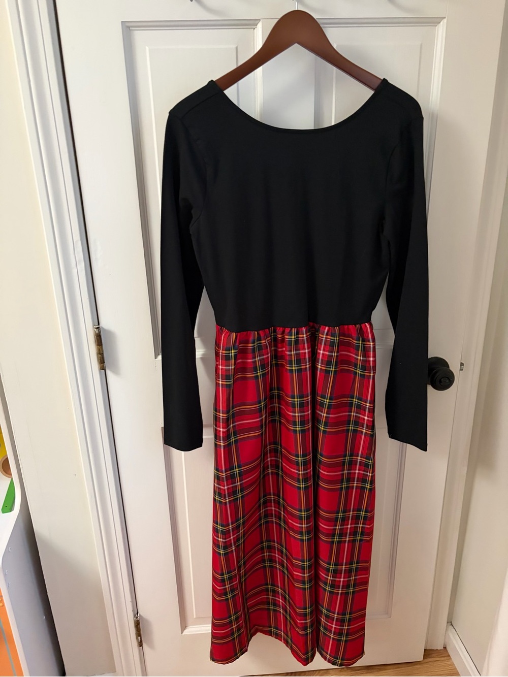 J. Crew Black Top with Red Plaid Midi Skirt